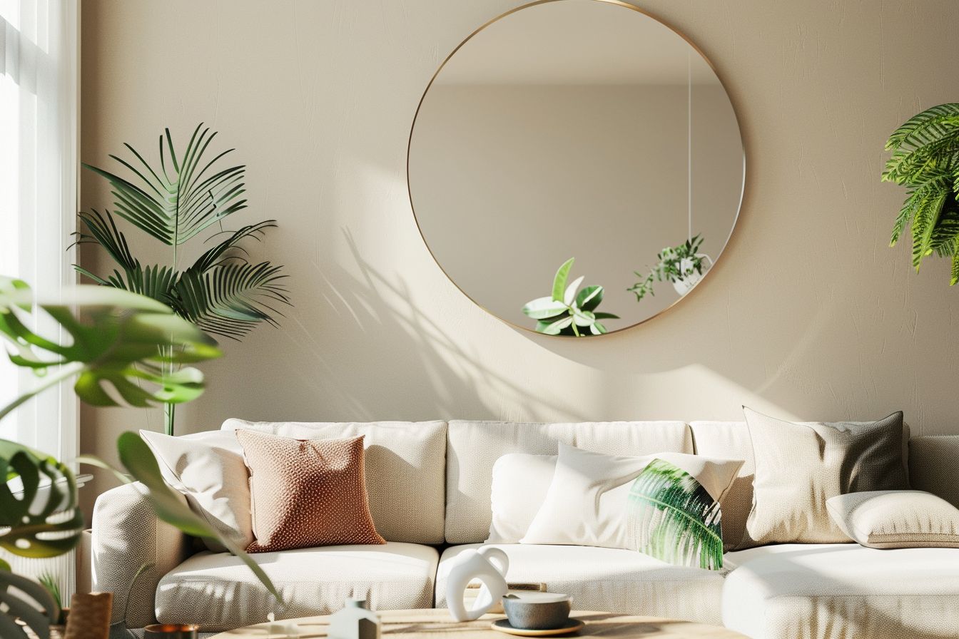 Ideen für Spiegel im Wohnzimmer- Hänge einen runden Spiegel für Weichheit auf