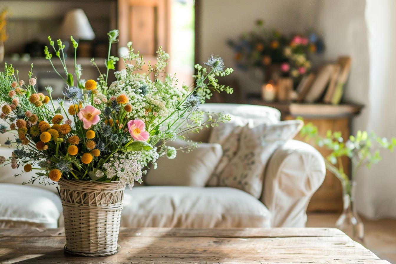 Ideen für Wohnzimmer im Landhausstil- Arrangiere frische Blumengestecke