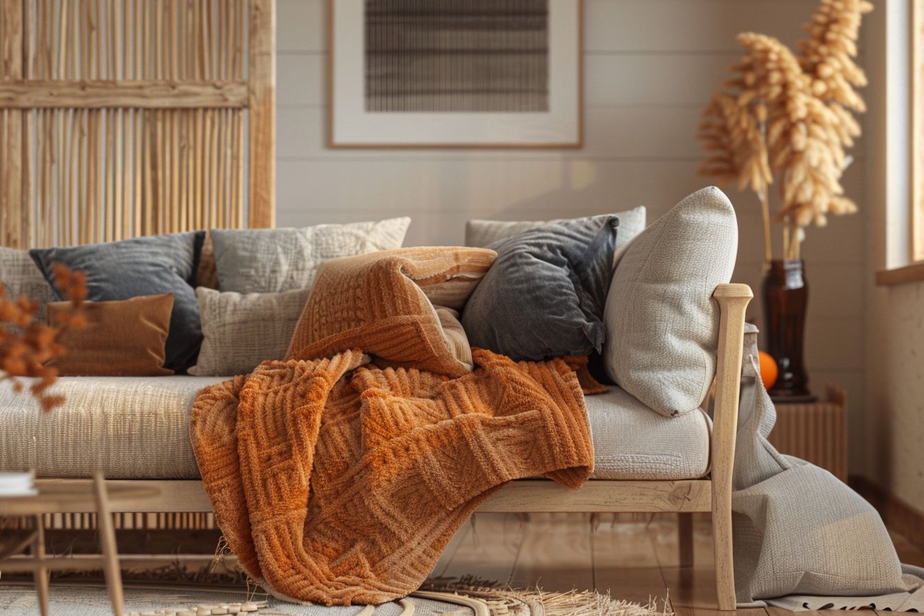 Ideen für ein gemütliches Wohnzimmer mit Holz- Decke dich mit Wolldecken auf Holzmöbel