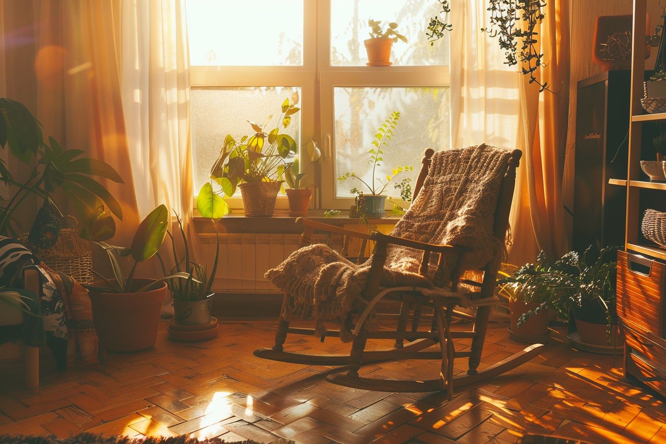 Ideen für ein gemütliches Wohnzimmer mit Holz- Erlebe Gemütlichkeit mit einem Holzschaukelstuhl.