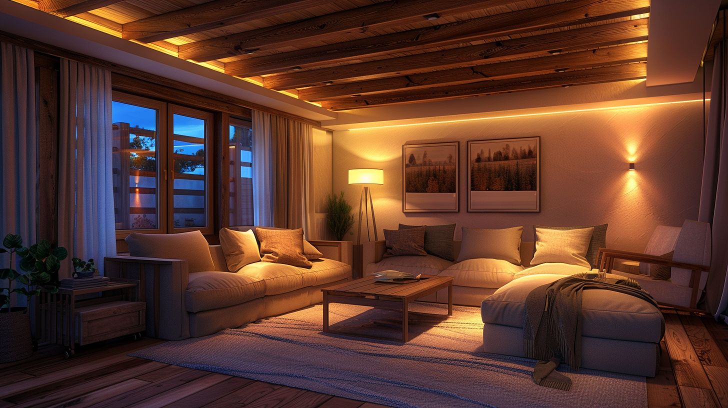 Schöne Ideen für Wohnzimmer mit Balken-Beleuchte die Balken für dramatische Effekte