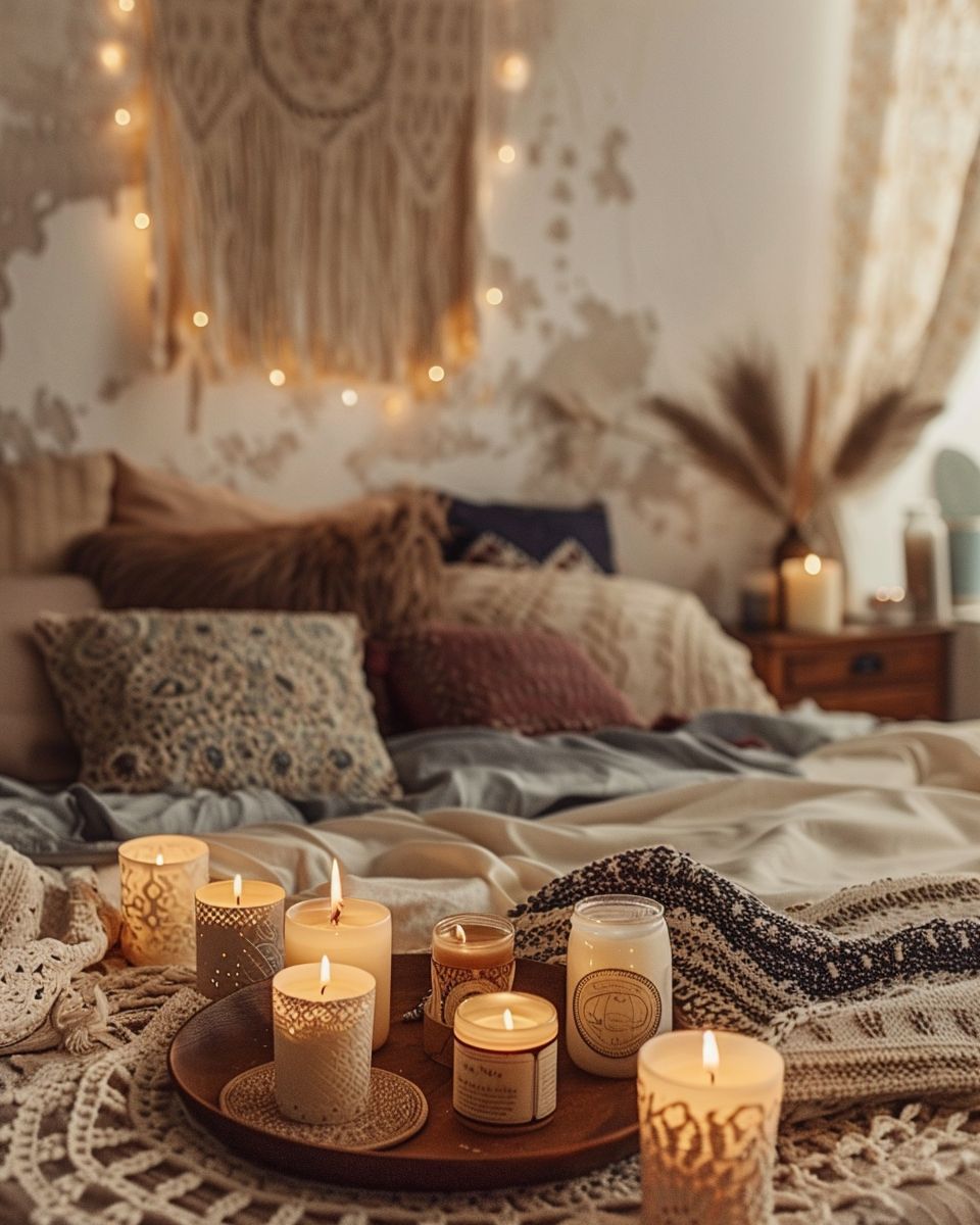 Boho-Schlafzimmer einrichten- Arrangiere Kerzen für stimmungsvolles Licht