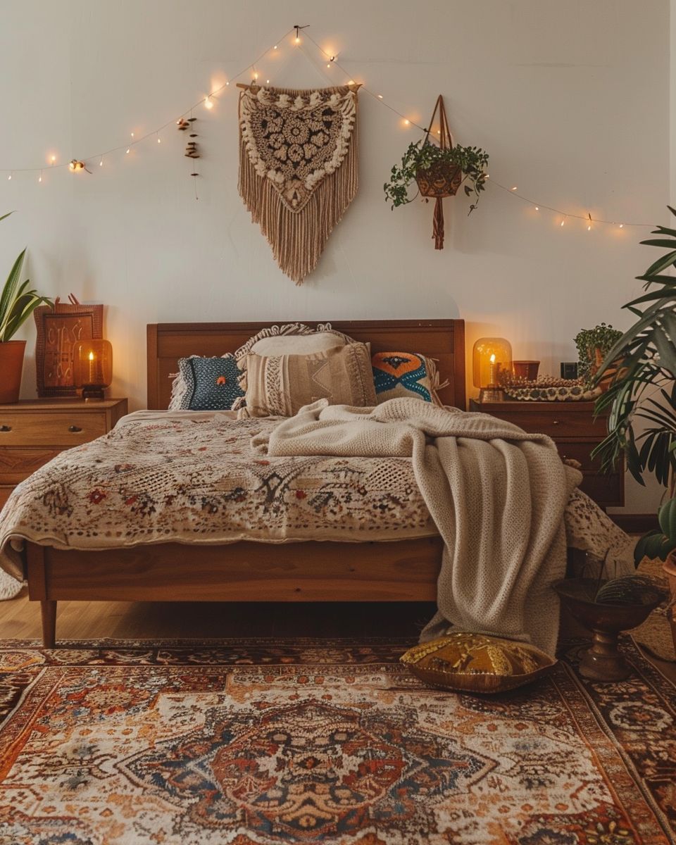 Boho-Schlafzimmer einrichten- Bette einen Vintage-Teppich ein