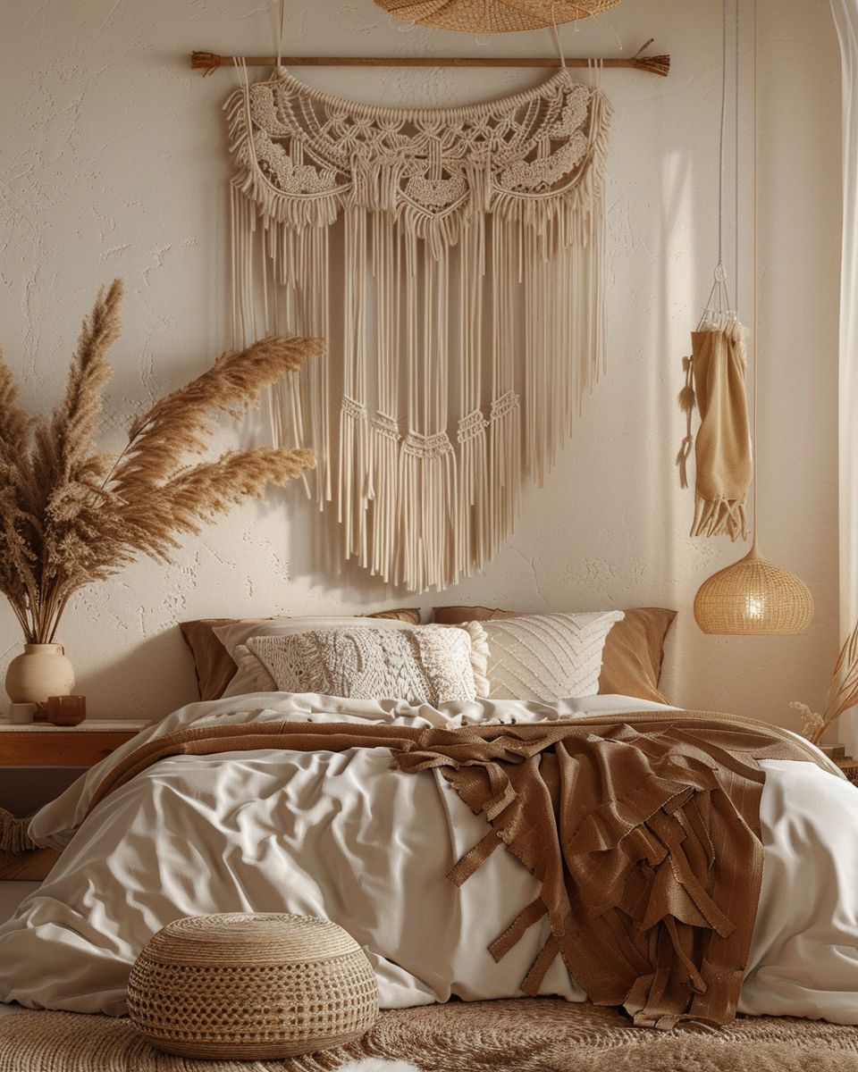 Boho-Schlafzimmer einrichten- Hänge Makramee-Wandkunst auf