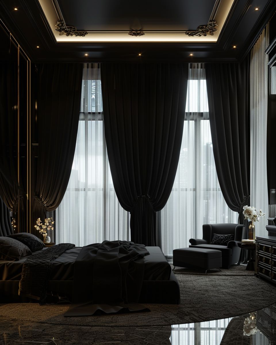 Einrichtungsideen für Schlafzimmer in Schwarz- Betone Fenster mit eleganten Vorhängen