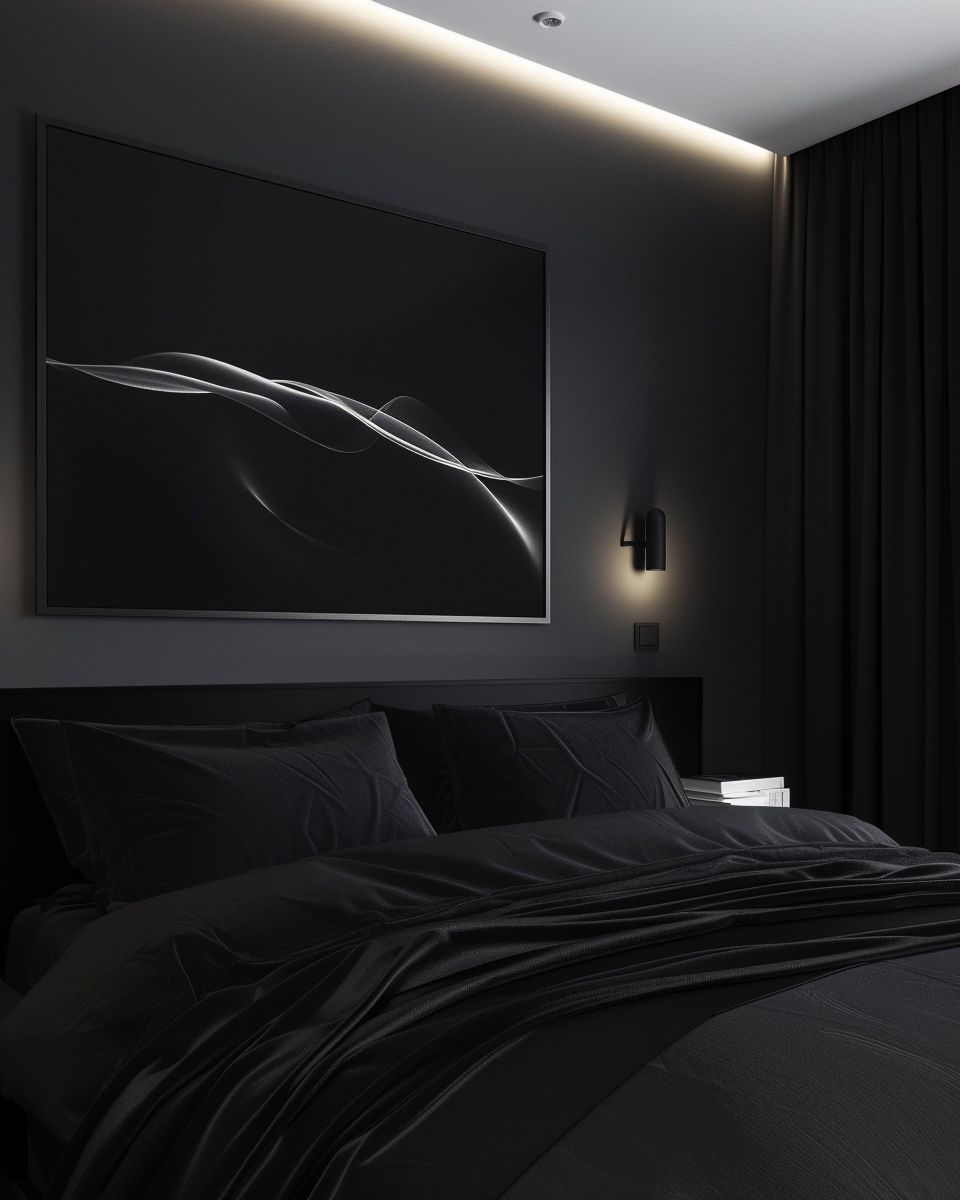 Einrichtungsideen für Schlafzimmer in Schwarz- Gestalte mit Foto-Kunst persönliche Akzente