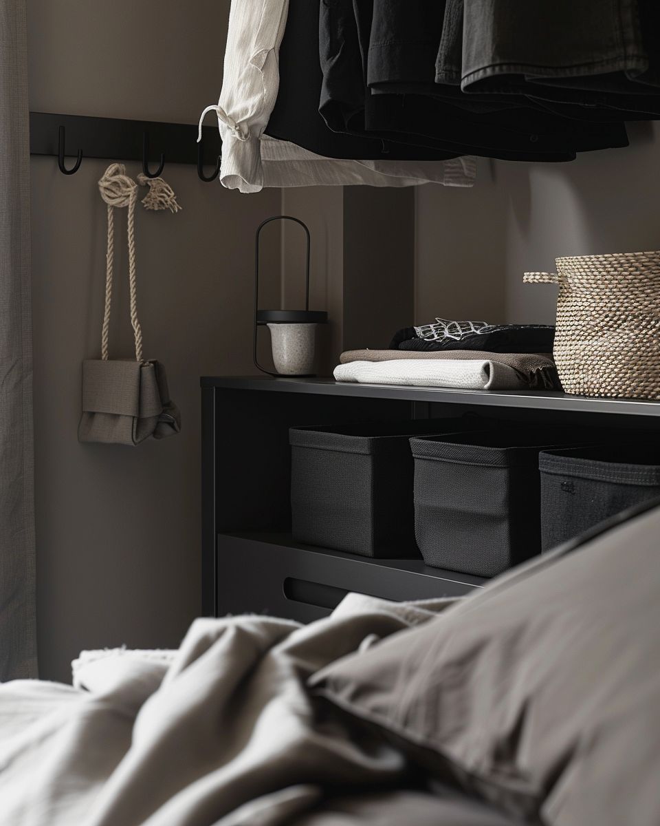 Einrichtungsideen für Schlafzimmer in Schwarz- Halte Ordnung mit stilvollen Aufbewahrungen