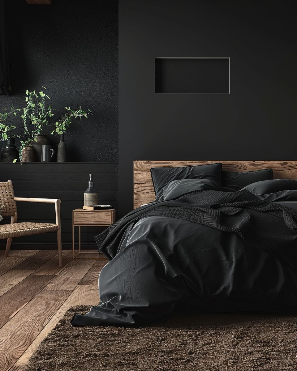 Einrichtungsideen für Schlafzimmer in Schwarz- Kombiniere Schwarz mit warmen Holztönen