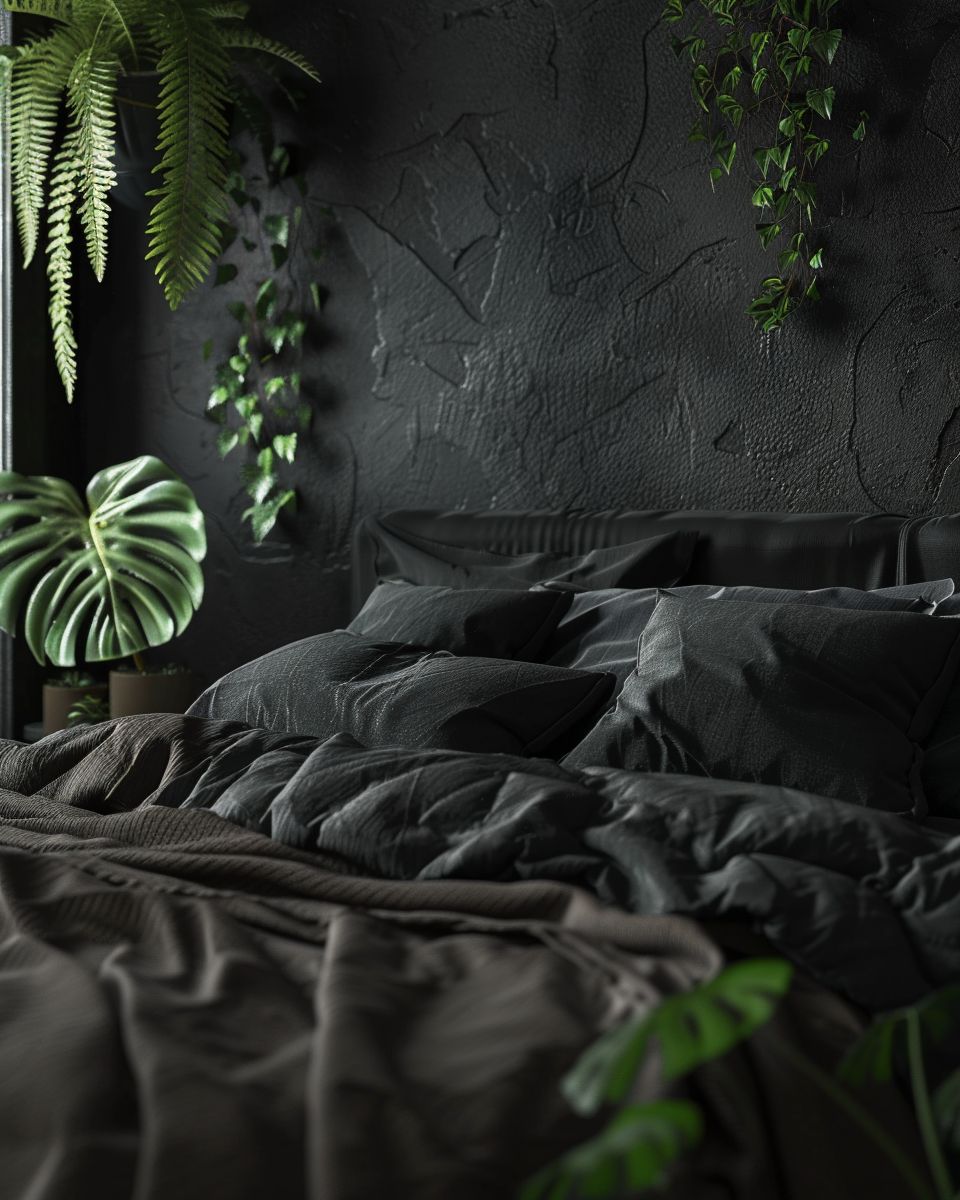 Einrichtungsideen für Schlafzimmer in Schwarz- Lass Pflanzen für Farbtupfer sorgen