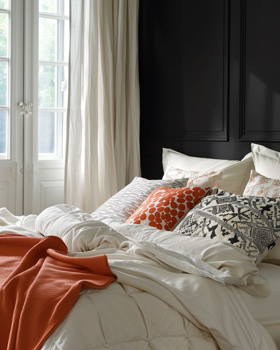 Einrichtungsideen für Schlafzimmer in Schwarz- Setze auf kontrastreiche Textilien