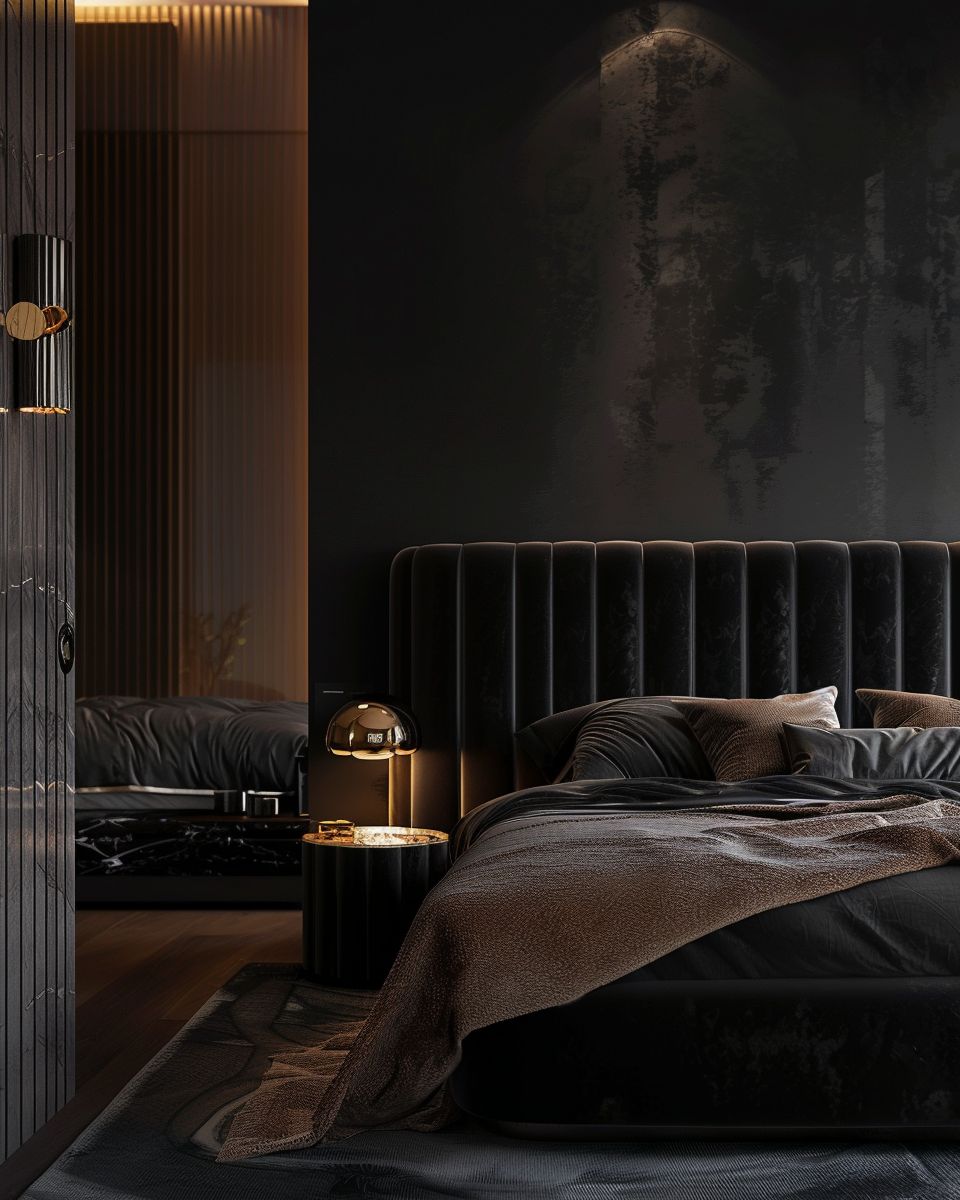 Einrichtungsideen für Schlafzimmer in Schwarz- Ziehe samtige Oberflächen für Luxus hinzu.