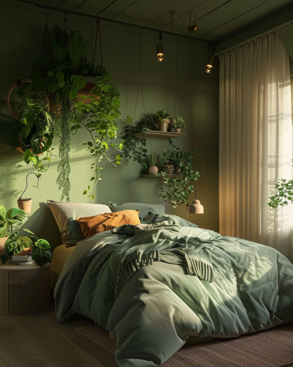 Ideen für Pflanzen im Schlafzimmer- Schaffe eine Mini-Pflanzenwand gegenüber vom Bett