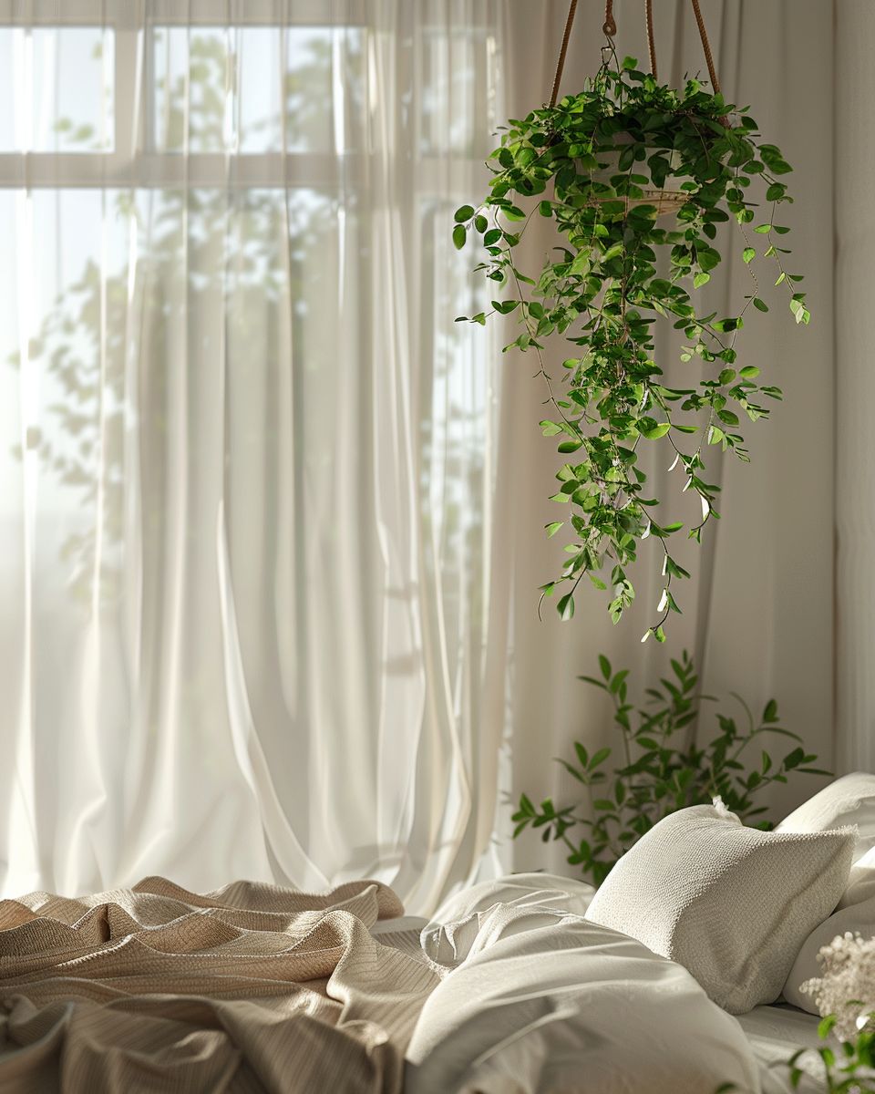 Ideen für Pflanzen im Schlafzimmer- Stelle eine Blumenampel neben das Fenster