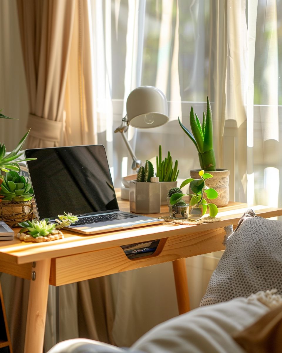 Ideen für Schreibtisch im Schlafzimmer- Binde Pflanzen mit ein