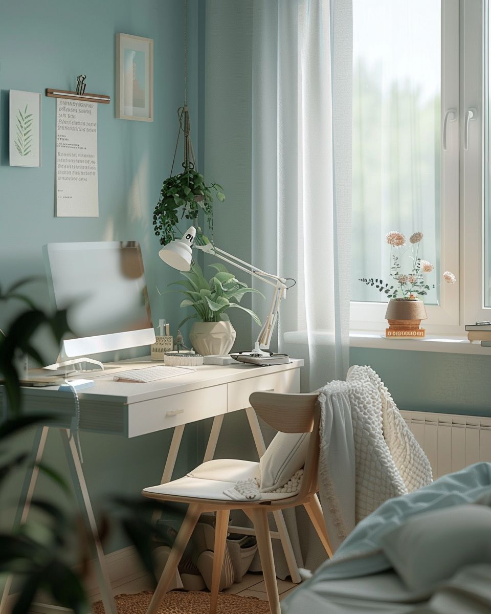 Ideen für Schreibtisch im Schlafzimmer- Verwende Farben, die beruhigen