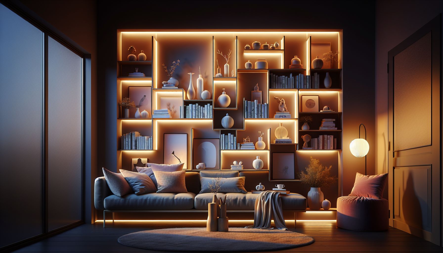Ideen für Wandregale im Wohnzimmer- Integriere indirekte Beleuchtung in Regale