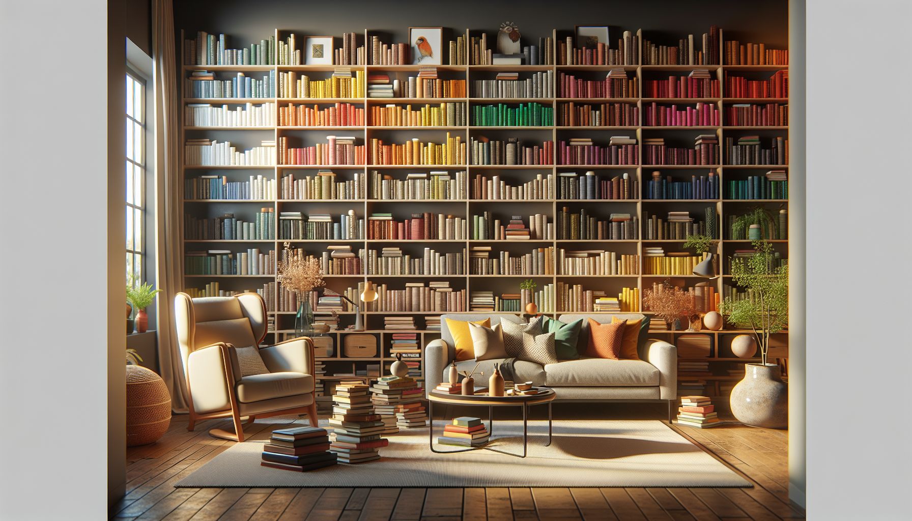 Ideen für Wandregale im Wohnzimmer- Ordne Bücher farblich für visuelles Interesse