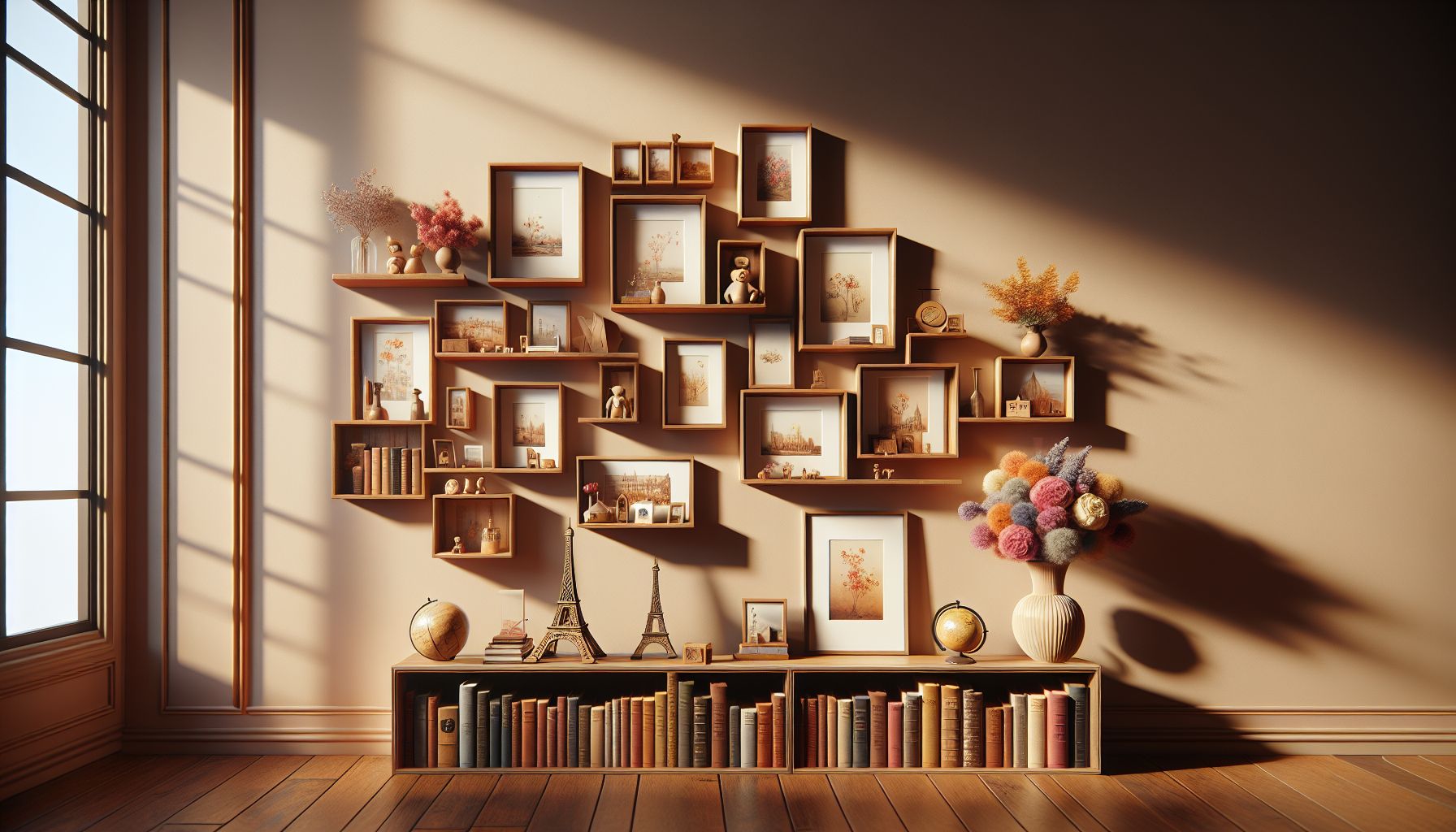 Ideen für Wandregale im Wohnzimmer- Platziere Erinnerungsstücke zwischen Büchern