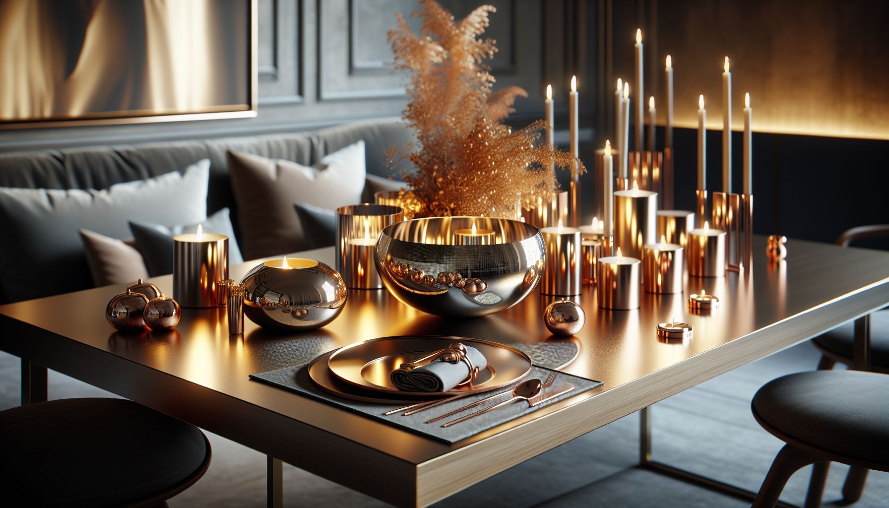 Ideen für schöne Tischdeko in deinem Wohnzimmer- Ziehe metallische Elemente für Glanz hinzu