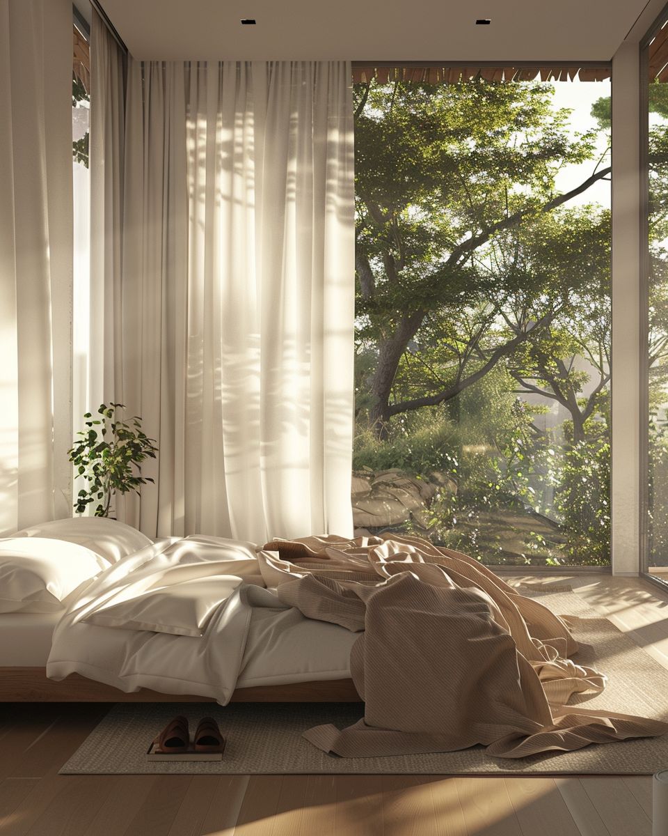 Modernes Schlafzimmer einrichten 2024- Bevorzuge bodentiefe Fenster