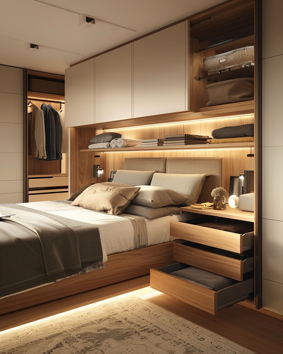 Modernes Schlafzimmer einrichten 2024- Setze auf multifunktionale Lagerlösungen
