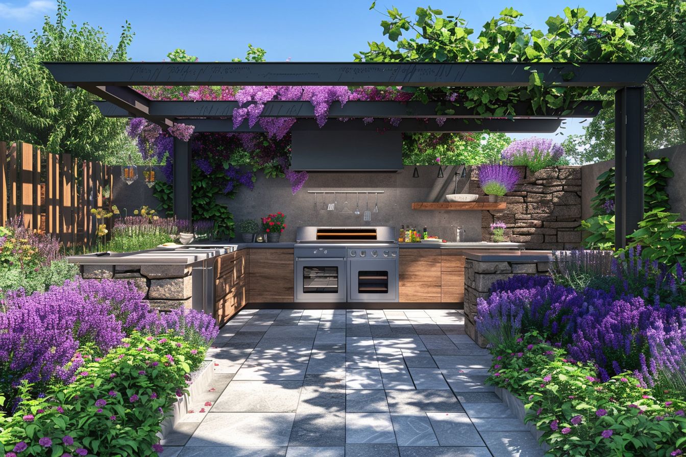 Outdoor-Küche einrichten: Ideen und Inspiration- Pflanze duftende Blumen rundherum.