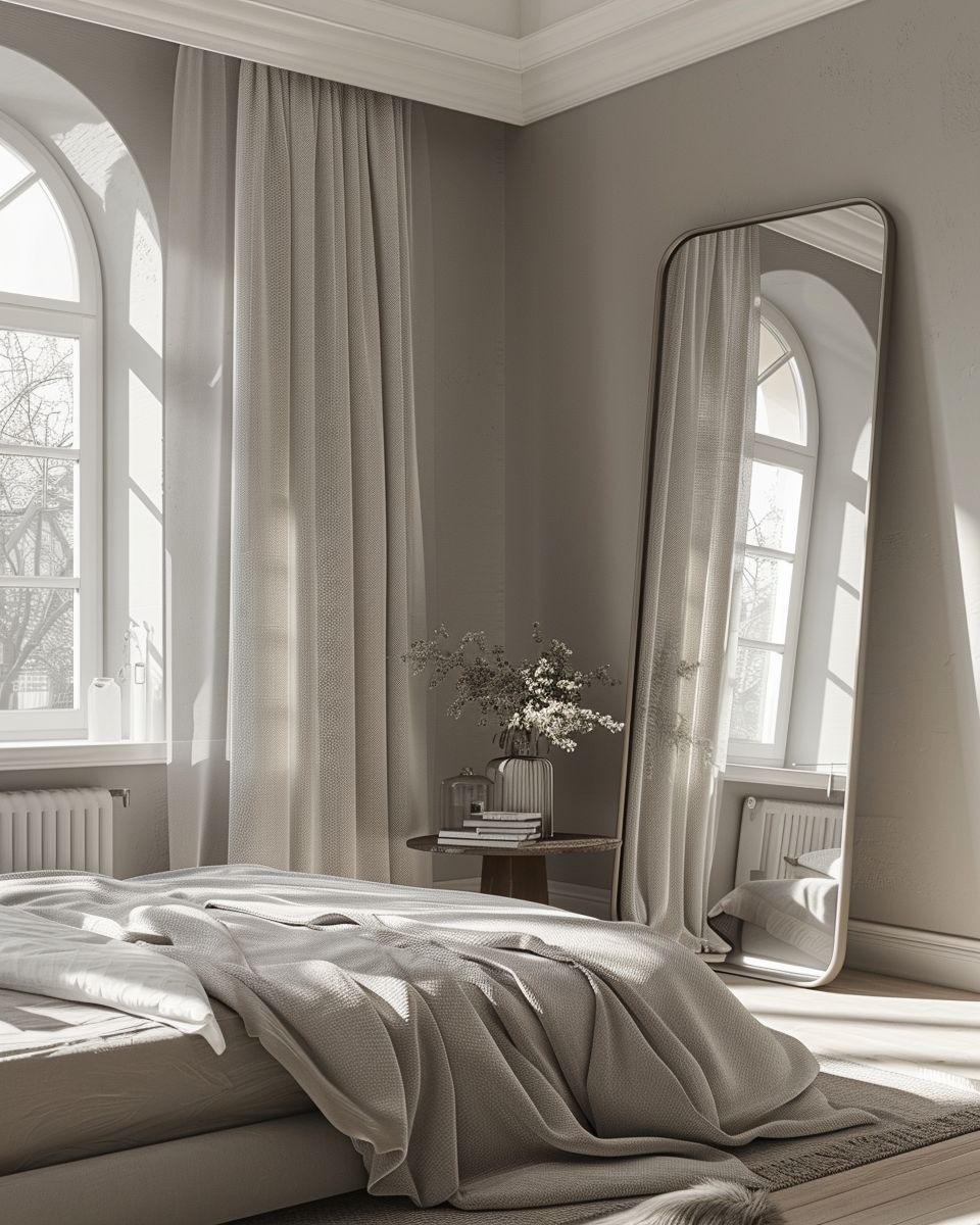 Schlafzimmer in Grau: Ideen- Verwende Spiegel, um Licht zu reflektieren