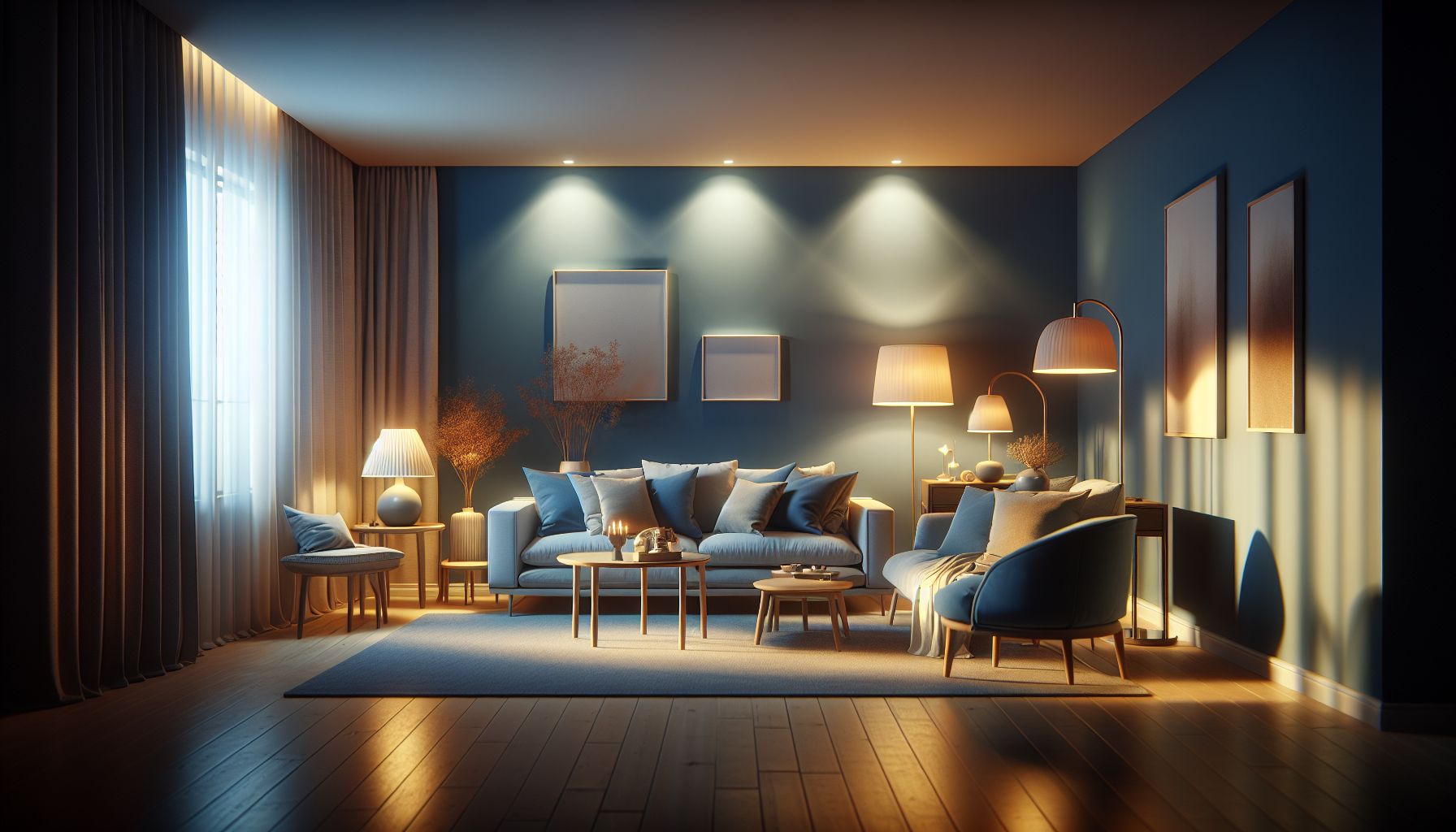 Wohnzimmer in Blau: Ideen und Inspiration- Beleuchte mit warmen Lichtquellen
