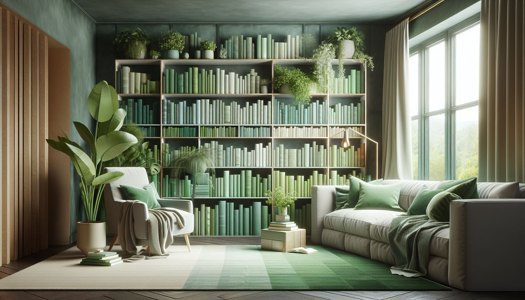Wohnzimmer in Grün: Ideen und Inspiration- Ergänze mit grünen Büchern im Regal