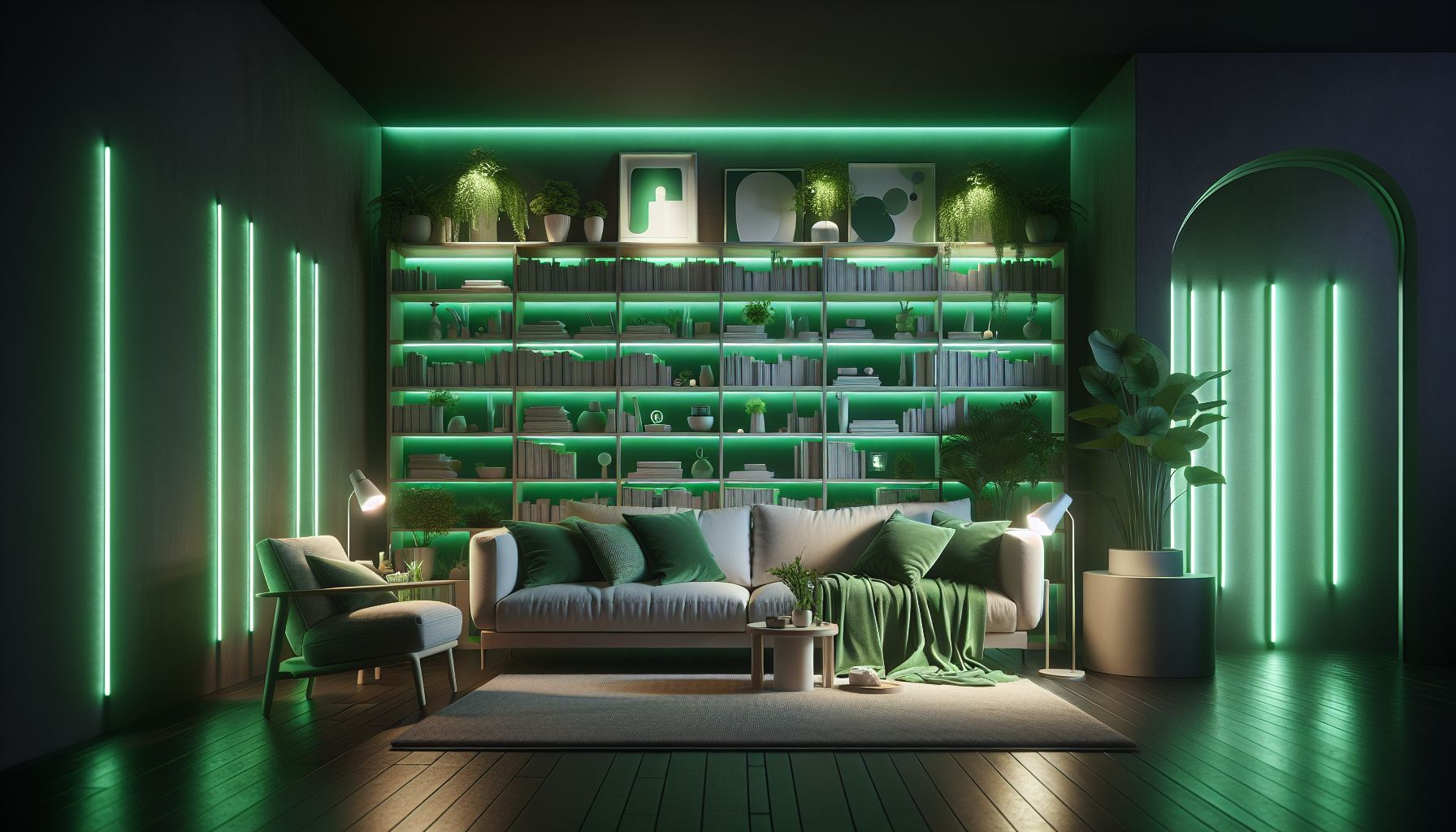 Wohnzimmer in Grün: Ideen und Inspiration- Experimentiere mit grünen Beleuchtungseffekten