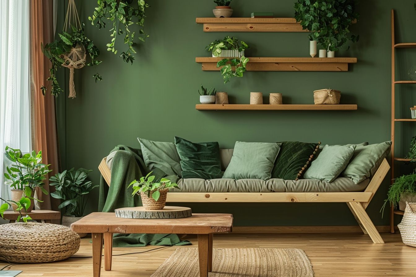 Wohnzimmer in Grün: Ideen und Inspiration- Mische Grün mit Holzelementen für Wärme
