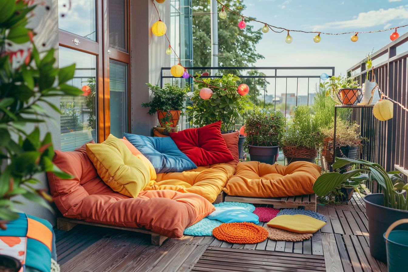 kleinen Balkon gestalten- Platziere Bodenkissen für zusätzliche Sitzgelegenheiten