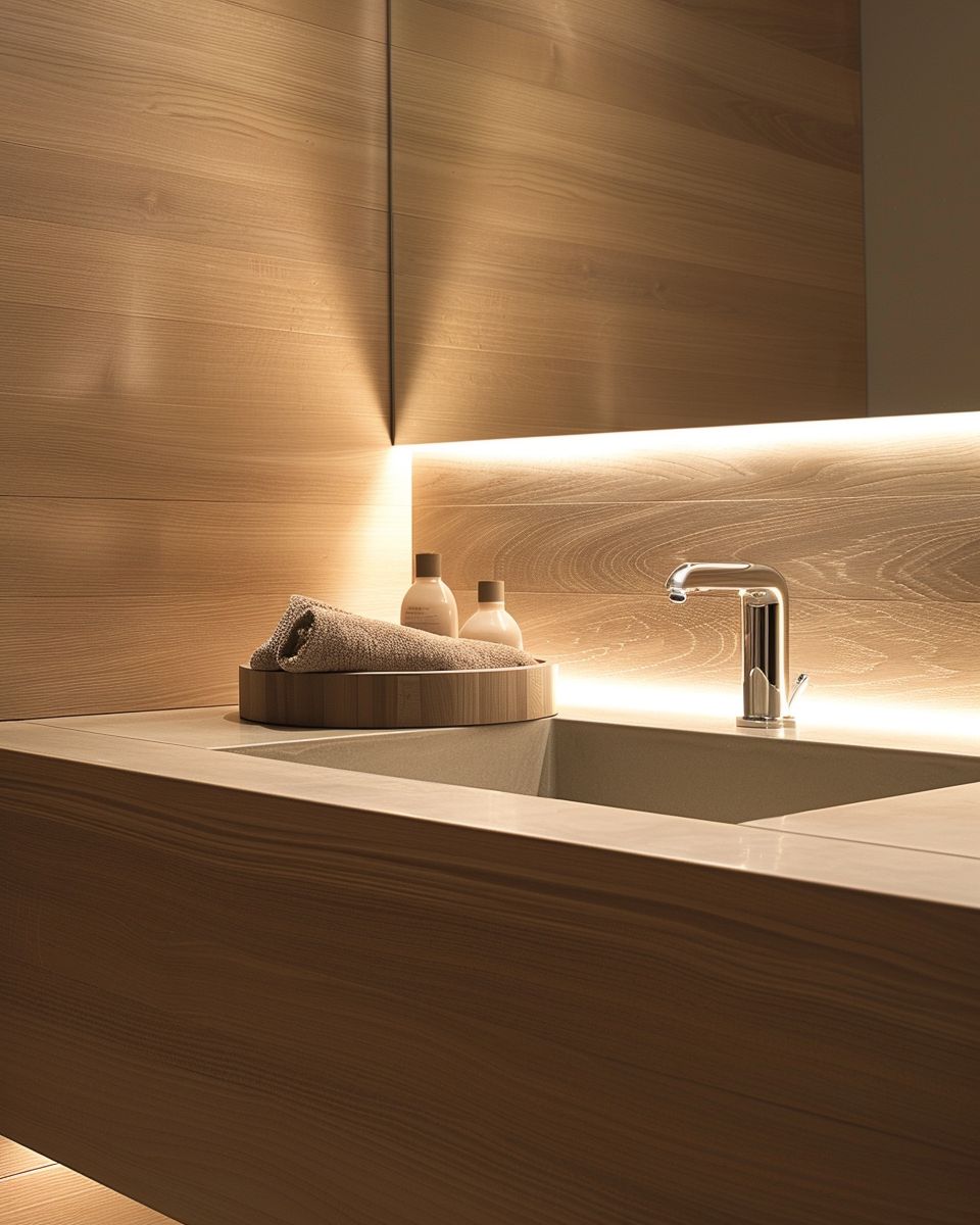 Badezimmer mit Holz: Ideen und Inspiration- Beleuchte Holzelemente gezielt