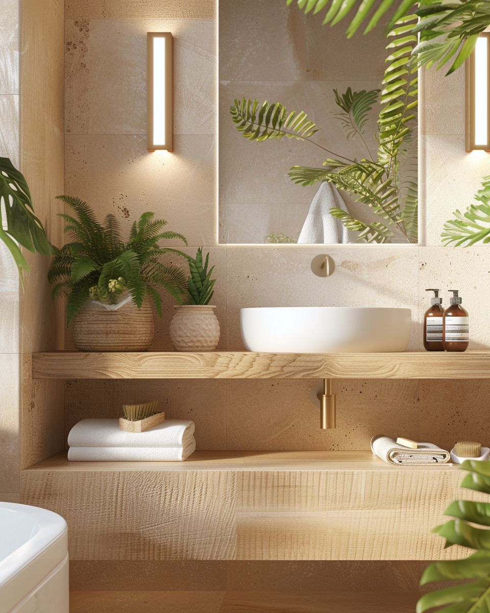 Badezimmer mit Holz: Ideen und Inspiration- Integriere Pflanzen für natürliches Flair
