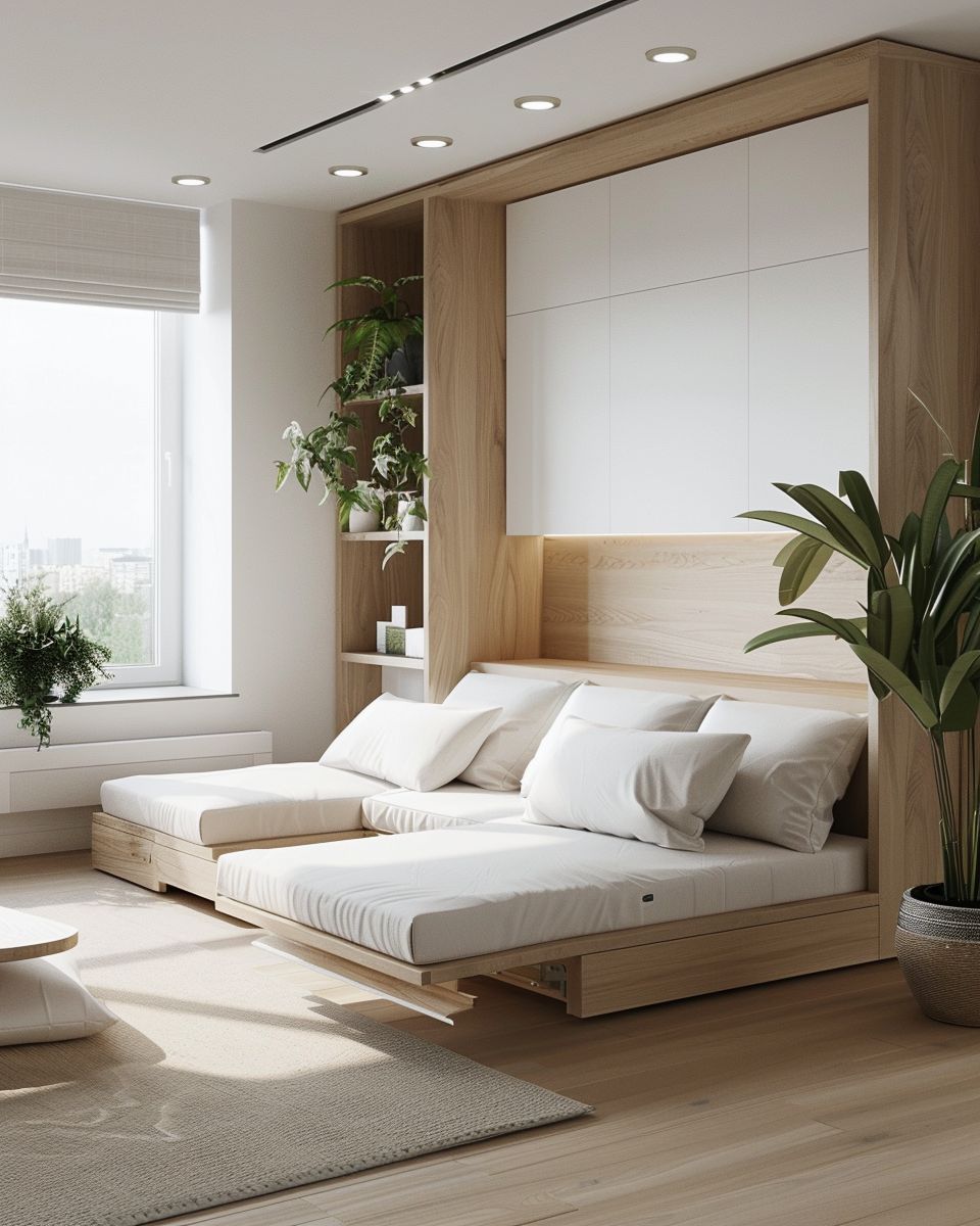 Bett im Wohnzimmer integrieren- Gestalte mit faltbaren Elementen