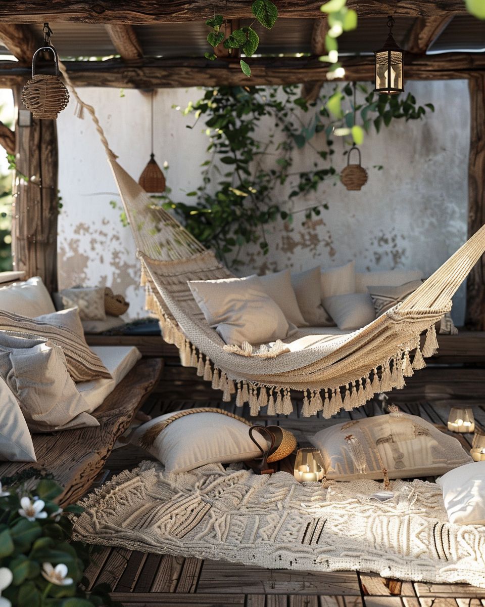 Ideen für Boho-Terrasse gestalten- Gestalte Ecken mit Hängematten.