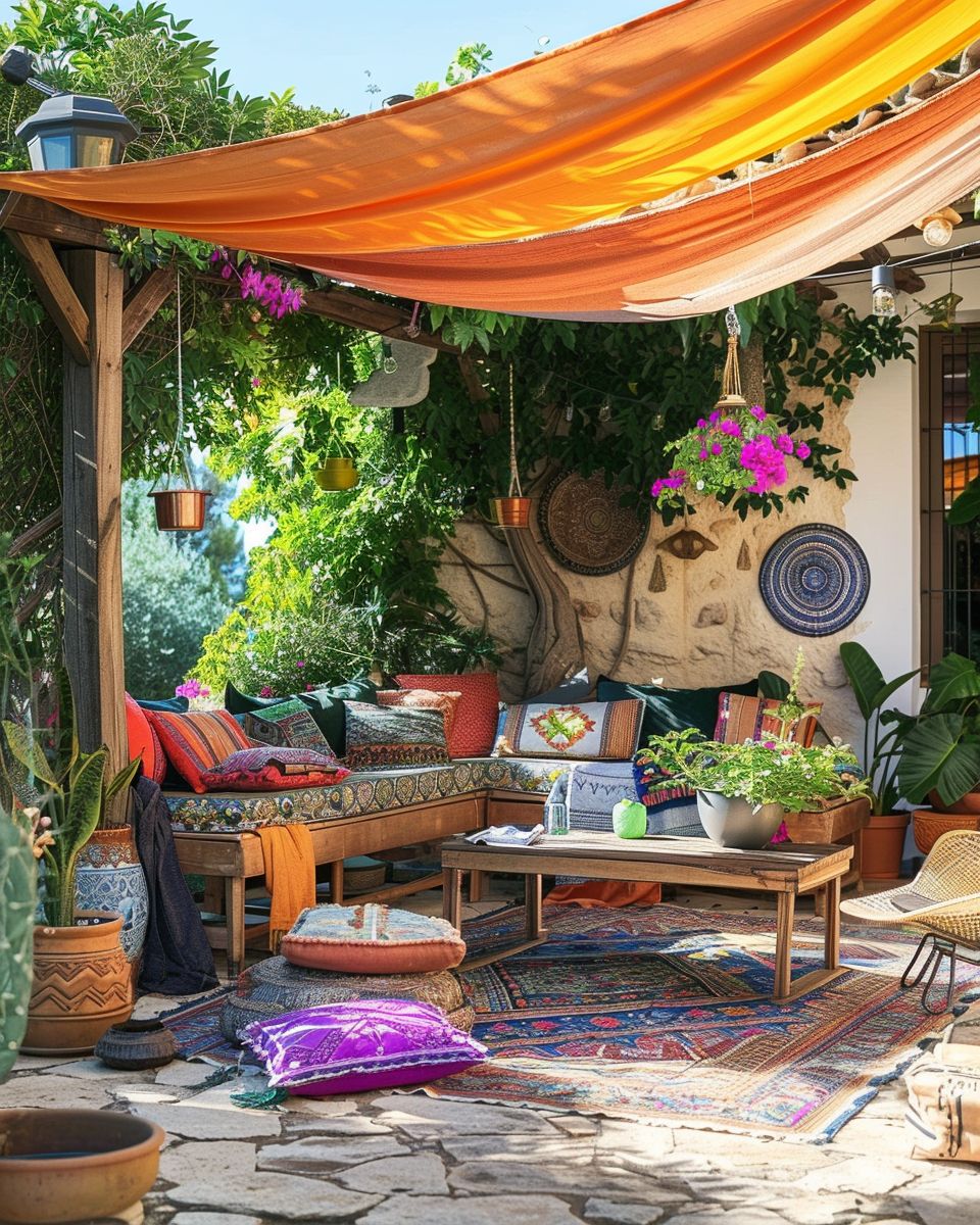 Ideen für Boho-Terrasse gestalten- Schaffe Schatten mit bunten Sonnensegeln