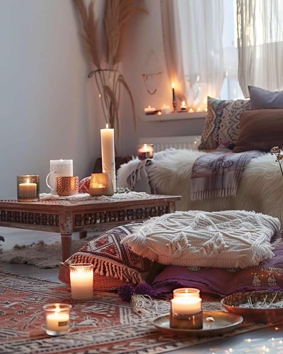 Ideen für Boho-Wohnzimmer- Stelle Kerzen für Stimmungslicht auf