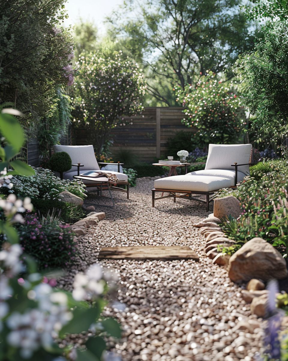 Ideen für Sitzecken im Garten- Nutze Kies für natürliche Wege