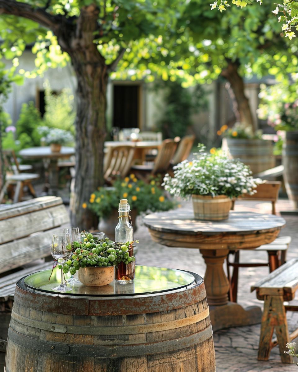 Ideen für Sitzecken im Garten- Verwende alte Weinfässer als Tische