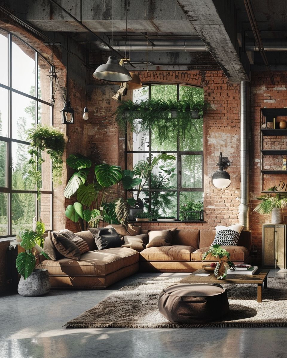 Ideen für Wohnzimmer im Industrial Style- Beziehe Pflanzen ein für natürliche Farbtupfer.