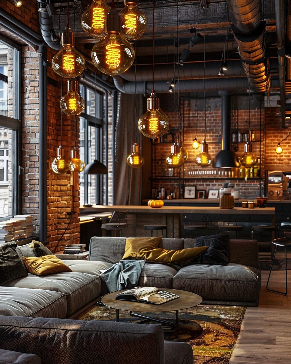 Ideen für Wohnzimmer im Industrial Style- Hänge Edison-Lampen für stilvolle Beleuchtung auf