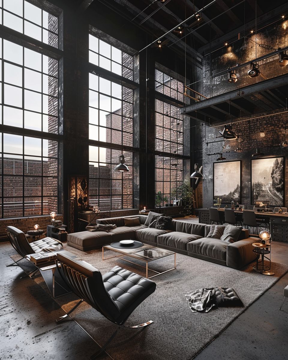 Ideen für Wohnzimmer im Industrial Style- Wähle schwarze Rahmen für Fenster und Bilder