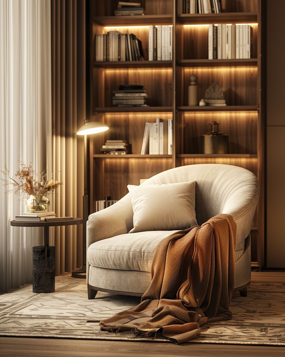 Luxus-Wohnzimmer einrichten- Kreiere eine intime, einladende Leseecke.