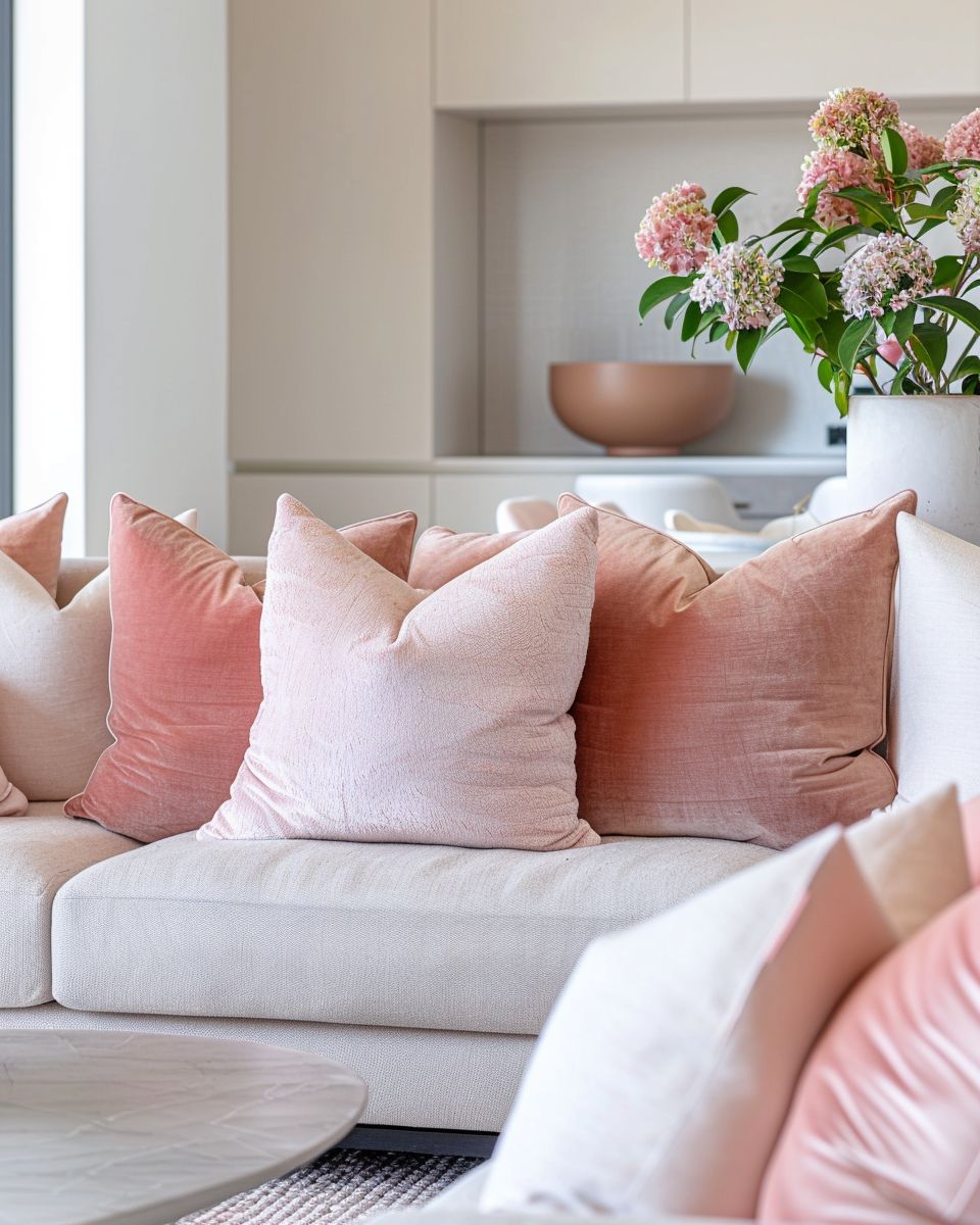 Wohnzimmer in Rosa- Verteile rosa Dekokissen gleichmäßig