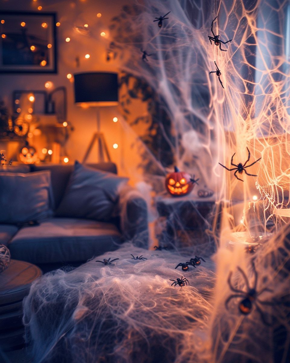 Ideen: Halloween-Dekoration im Wohnzimmer-Hänge Spinnennetze in die Ecken