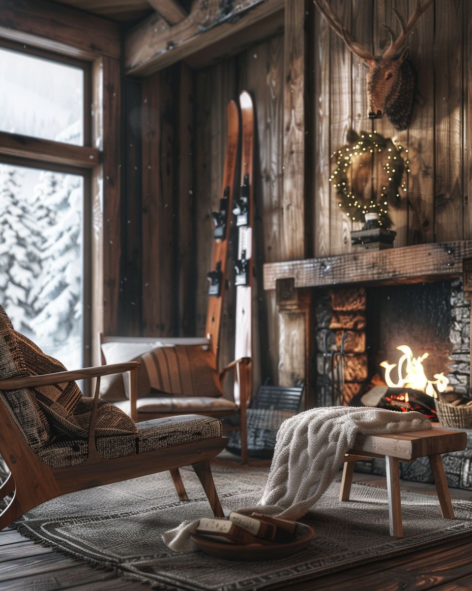 Wohnzimmer-im-Chalet-Stil- Verwende alte Holzski als Dekoelement