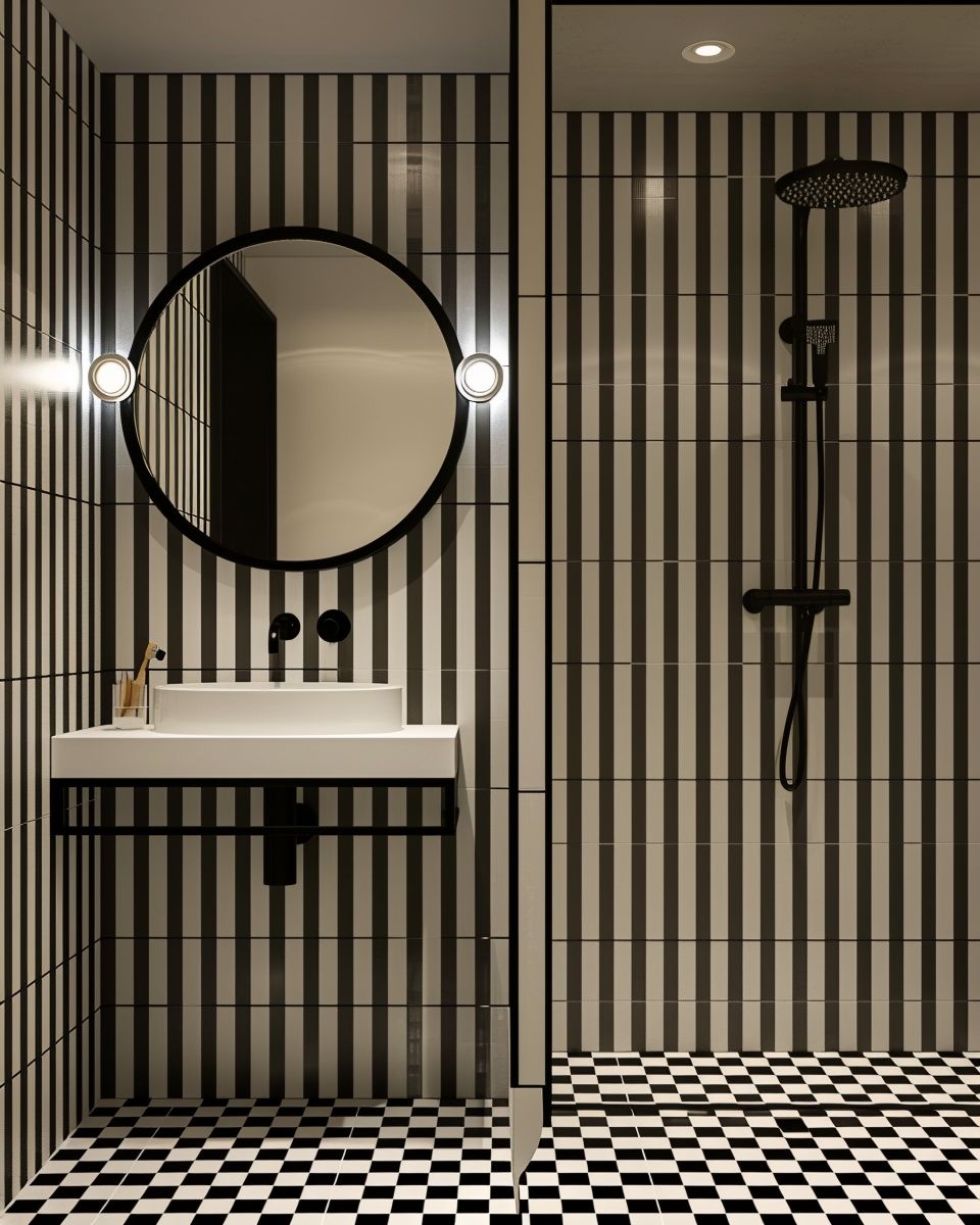 Badezimmer in Schwarz-Weiß gestalten- Kombiniere geometrische Muster für visuelle Spannung