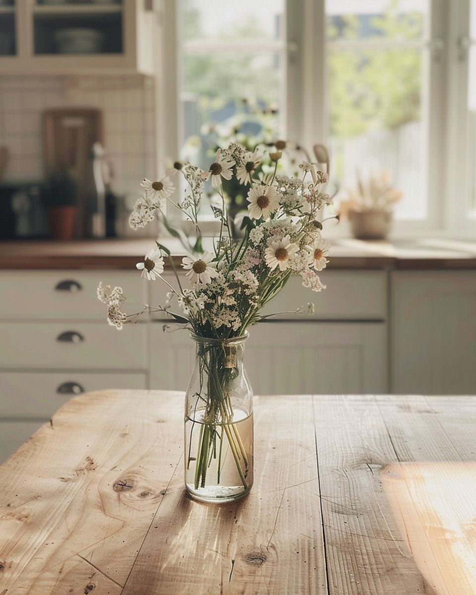 Küche im Hygge-Stil einrichten- Arrangiere frische Blumen in Glasvasen