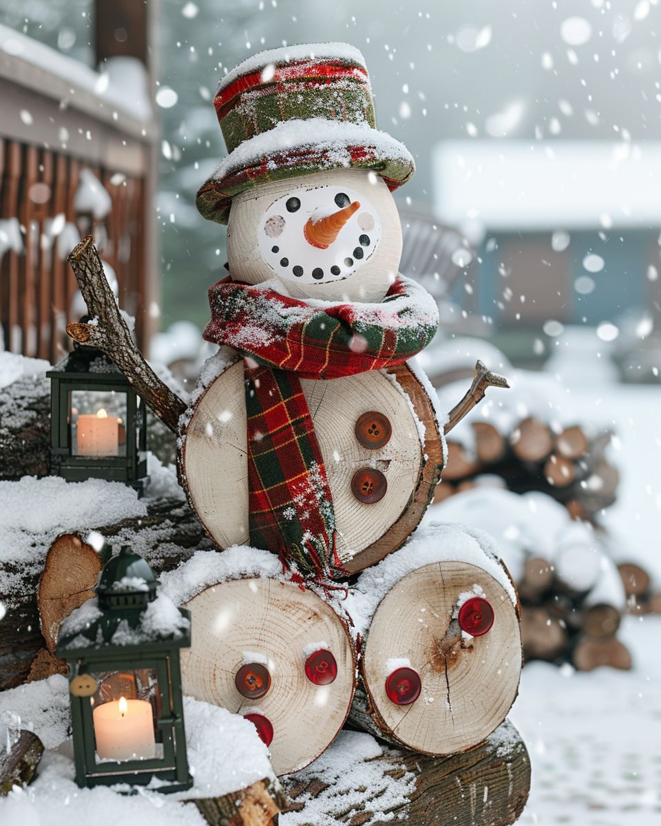 Weihnachtliche Holzdeko für Draußen- Klebe Holzscheiben zu einer Schneemannfigur